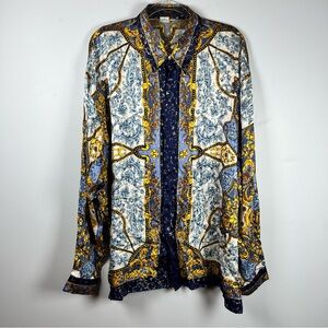 Vintage Monzini Metallic Silk Mens 2XL Blue Gold White Italy Made Shirt Flashy
